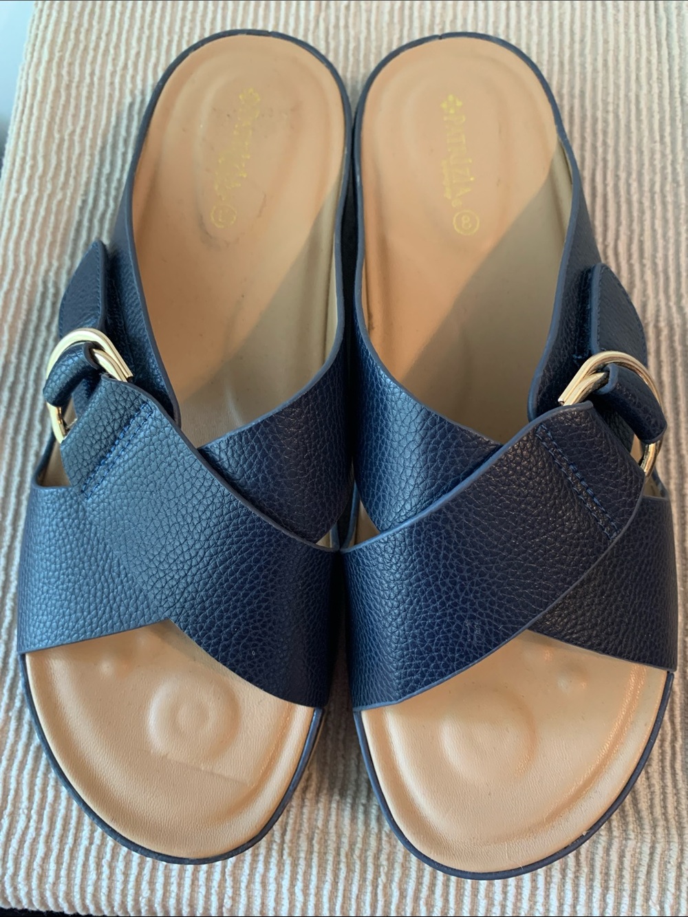 Women's Navy Slide Sandals with Gold Buckle